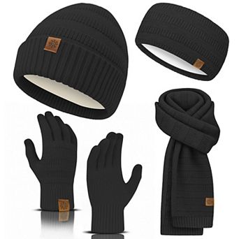4 pc Winter Gift Set: Knit Beanie, Long Scarf, Touchscreen Gloves, Fleece Headband