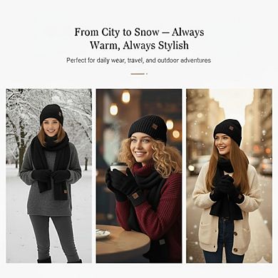 4-Piece Winter Gift Set: Knit Beanie, Long Scarf, Touchscreen Gloves, Fleece Headband