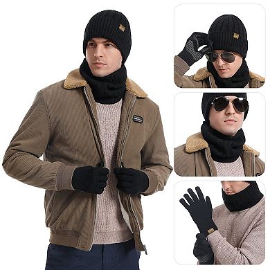 Men's Winter Warm Fleece Lined Beanie, Scarf, Touchscreen Gloves Set