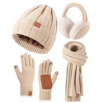 4 pc Winter Set: Fleece Lined Hat, Touchscreen Gloves, Long Scarf, & Earmuffs for Women