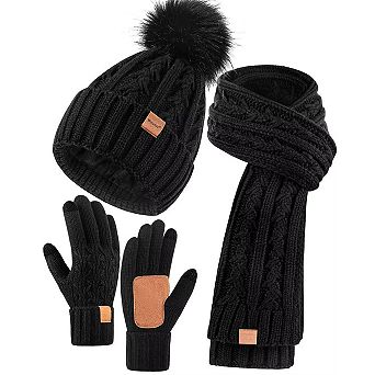 Fleece Lined Winter Hat Scarf Gloves Set with Touchscreen Gloves & Long Knit Scarf