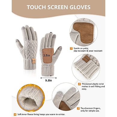 Fleece Lined Winter Hat Scarf Gloves Set with Touchscreen Gloves & Long Knit Scarf