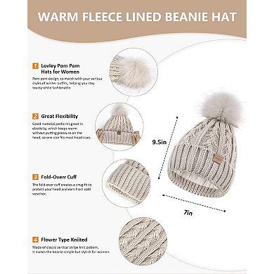 Fleece Lined Winter Hat Scarf Gloves Set with Touchscreen Gloves & Long Knit Scarf