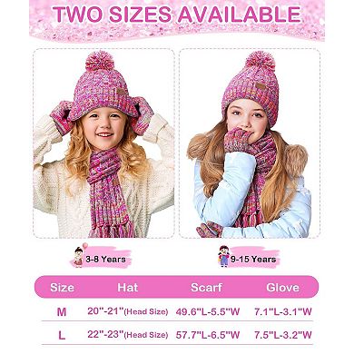 3PCS Kids Winter Hat Scarf Gloves Set - Stylish & Warm for 3-15 Year Olds