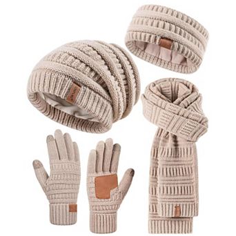 4 pc Winter Set: Slouchy Beanie, Headband, Touchscreen Gloves, Thick Scarf
