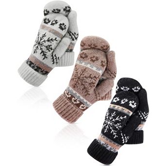 3 Pairs Women's Knit Snowflake Mittens - Warm, Comfortable, Universal Size