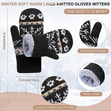 3 Pairs Women's Knit Snowflake Mittens - Warm, Comfortable, Universal Size