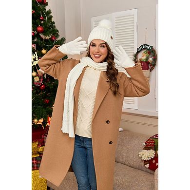 3 in 1 Women's Winter Set: Fleece Lined Beanie, Touchscreen Gloves, Long Scarf