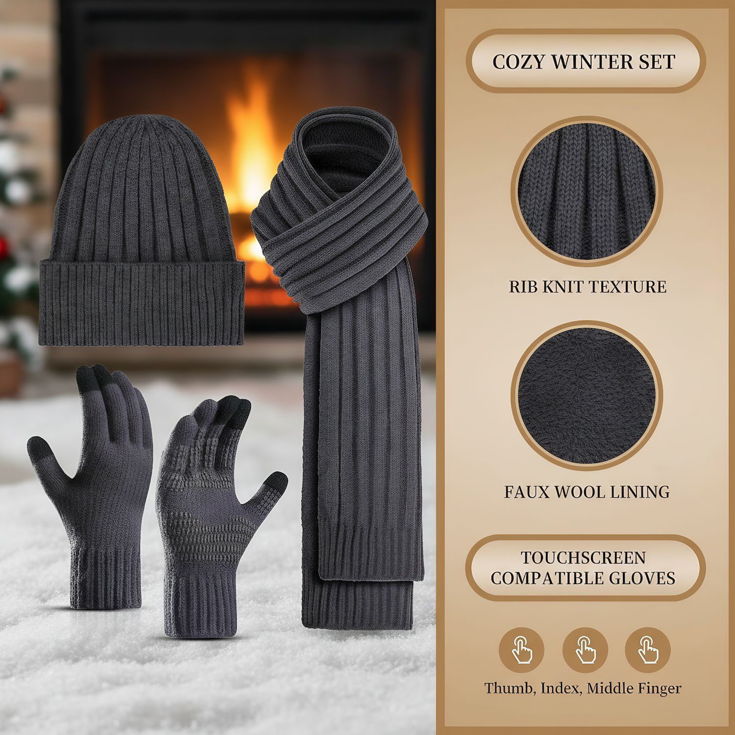 3pcs Winter Hat Gloves Scarf Set for Men - Touchscreen, Anti-Slip