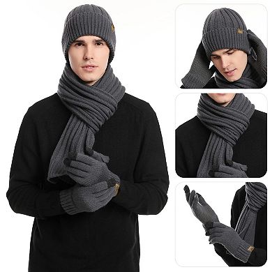 3pcs Winter Hat Gloves Scarf Set for Men - Touchscreen, Anti-Slip, Warm