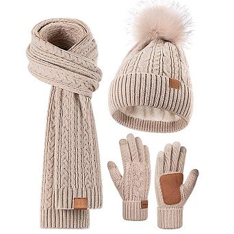 Women's Winter Hat, Scarf, Gloves Set - Pom Fleece Lined, Touchscreen, Stylish