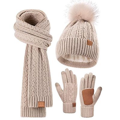 Winter Beanie Scarf Gloves Set Fleece Lined Touchscreen One Size Bodychum 3-Pc Winter Set: Knit Beanie, Scarf & Touchscreen  main image 2