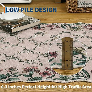 Boho Vintage Floral Rug with Irregular Edge - Non-Slip, Washable Low Pile Carpet for Entryway