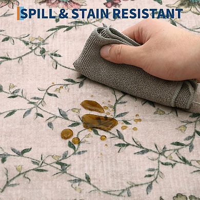 Boho Vintage Floral Rug with Irregular Edge - Non-Slip, Washable Low Pile Carpet for Entryway