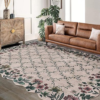 Boho Vintage Floral Rug with Irregular Edge - Non-Slip, Washable Low Pile Carpet for Entryway