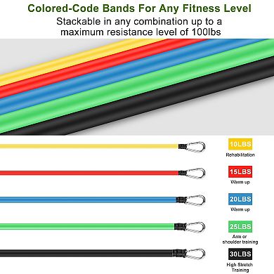 11pcs Resistance Bands Set Tubes up to 100lbs with Handles, Door Anchor & Ankle Straps
