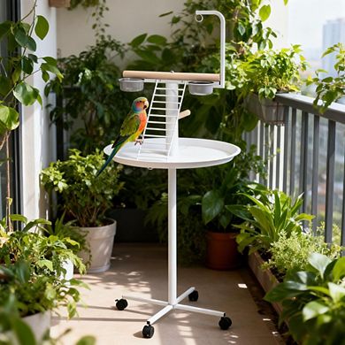 Mobile Bird Feeder Play Stand Station with Perch, Ladder, Boom and Round Tray