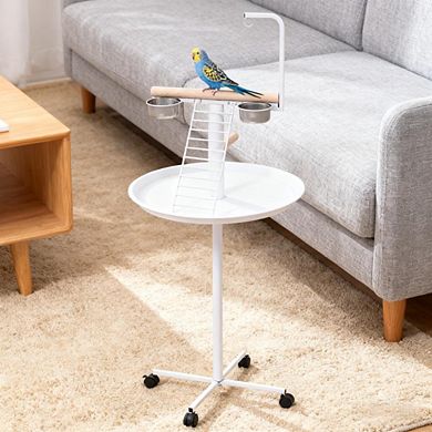 Mobile Bird Feeder Play Stand Station with Perch, Ladder, Boom and Round Tray
