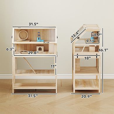 PawHut Wooden 3 Tier Hamster Cage with Storage Shelf for Dwarf, Gerbil