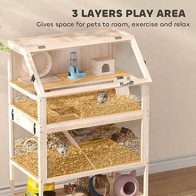 PawHut Wooden 3 Tier Hamster Cage with Storage Shelf for Dwarf, Gerbil