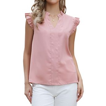 V Neck Tops for Women's Summer Casual Ruffles Solid Sleeveless T Shirts Blouses