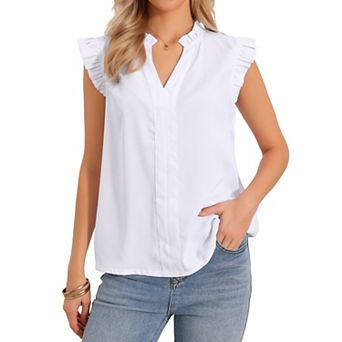 V Neck Tops for Women's Summer Casual Ruffles Solid Sleeveless T Shirts Blouses