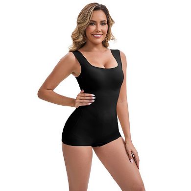 Women's Crotch Hook Closure Bodysuits Padded Wide Straps Hip-Lifter Tummy Control Tank Jumpsuits