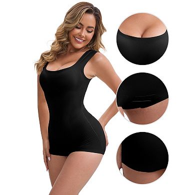 Women's Crotch Hook Closure Bodysuits Padded Wide Straps Hip-Lifter Tummy Control Tank Jumpsuits