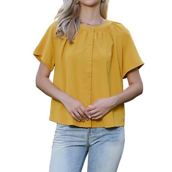 Button Down Shirts for Women Short Sleeve Ruched Neck Dressy Casual Summer Tops