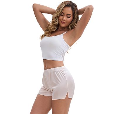 Women's Side Slits Ice Silk Knickers Loose Fit Mid-Waisted Full Coverage Solid Slip Shorts