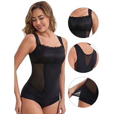 Women's Lace Sheer Mesh Shaper Tank Lightweight Breathable Wide Straps Tummy Control Undershirt