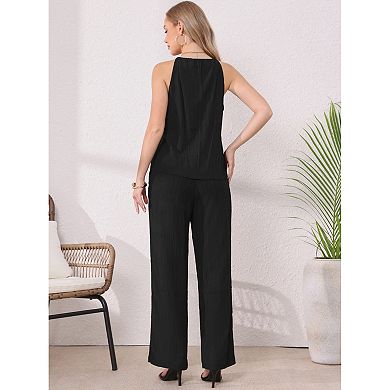 Two Piece Outfits for Women's Sleeveless Tie Front Halter Neck Top Wide Leg Pants Matching Sets