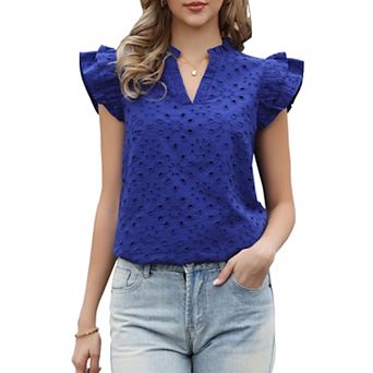 Summer Eyelet Tops for Women's Dressy Casual V Neck Ruffle Cap Sleeve Lace Embroidered Blouses