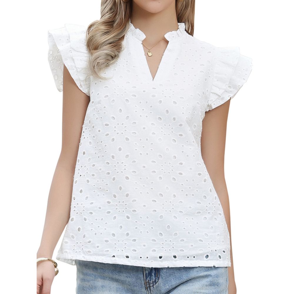 Summer Eyelet Tops for Women's Dressy Casual V Neck Ruffle Cap Sleeve ...