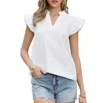 Summer Eyelet Tops for Women's Dressy Casual V Neck Ruffle Cap Sleeve Lace Embroidered Blouses