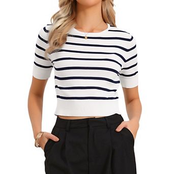 Striped Top for Women Short Sleeve Sweater Crew Neck Lightweight Stretch Casual Knit Tops