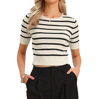 Striped Top for Women Short Sleeve Sweater Crew Neck Lightweight Stretch Casual Knit Tops