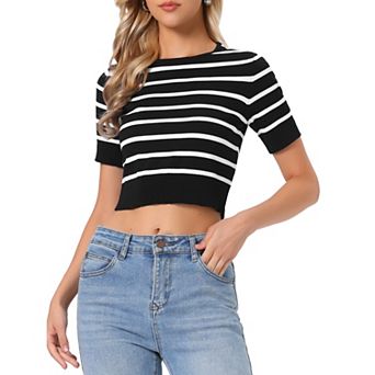 Striped Top for Women Short Sleeve Sweater Crew Neck Lightweight Stretch Casual Knit Tops