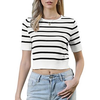 Striped Top for Women Short Sleeve Sweater Crew Neck Lightweight Stretch Casual Knit Tops