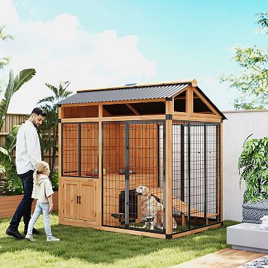 PawHut Extra Large Dog House with Activity Platform, Storage Cabinet