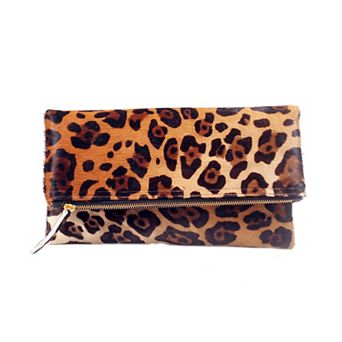 Leopard Leather Fold over Clutch