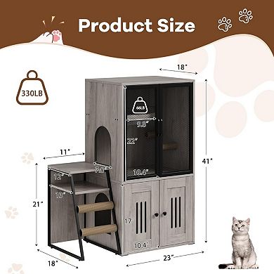 2-in-1 Cat Litter Box Enclosure Furniture with Doors, Double Layer Cat House & Storage Cabinet
