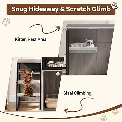 2-in-1 Cat Litter Box Enclosure Furniture with Doors, Double Layer Cat House & Storage Cabinet