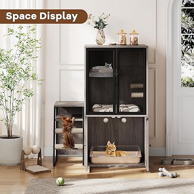 2-in-1 Cat Litter Box Enclosure Furniture with Doors, Double Layer Cat House & Storage Cabinet