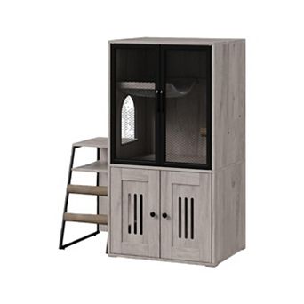 2-in-1 Cat Litter Box Enclosure Furniture with Doors, Double Layer Cat House & Storage Cabinet
