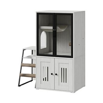 2-in-1 Cat Litter Box Enclosure Furniture with Doors, Double Layer Cat House & Storage Cabinet