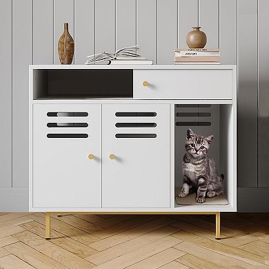 Cat Litter Box Enclosure, Hidden Litter Box Furniture with 2 Storage Compartments