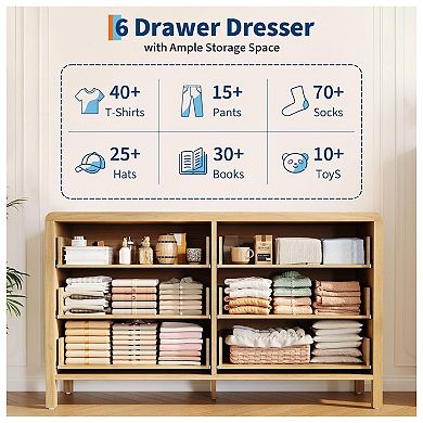 6 Drawer Dresser, Chest of Drawer, Wooden Bedroom Drawer Dresser with Metal Handle