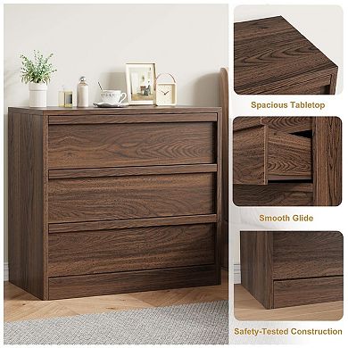 3 Drawer Dresser for Bedroom, Walnut Nightstand 3 Chest of Drawers with Large Storage