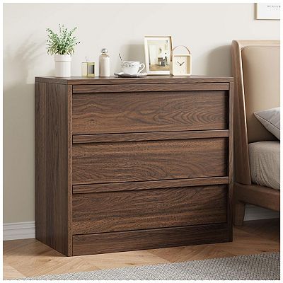 3 Drawer Dresser for Bedroom, Walnut Nightstand 3 Chest of Drawers with  Large Storage